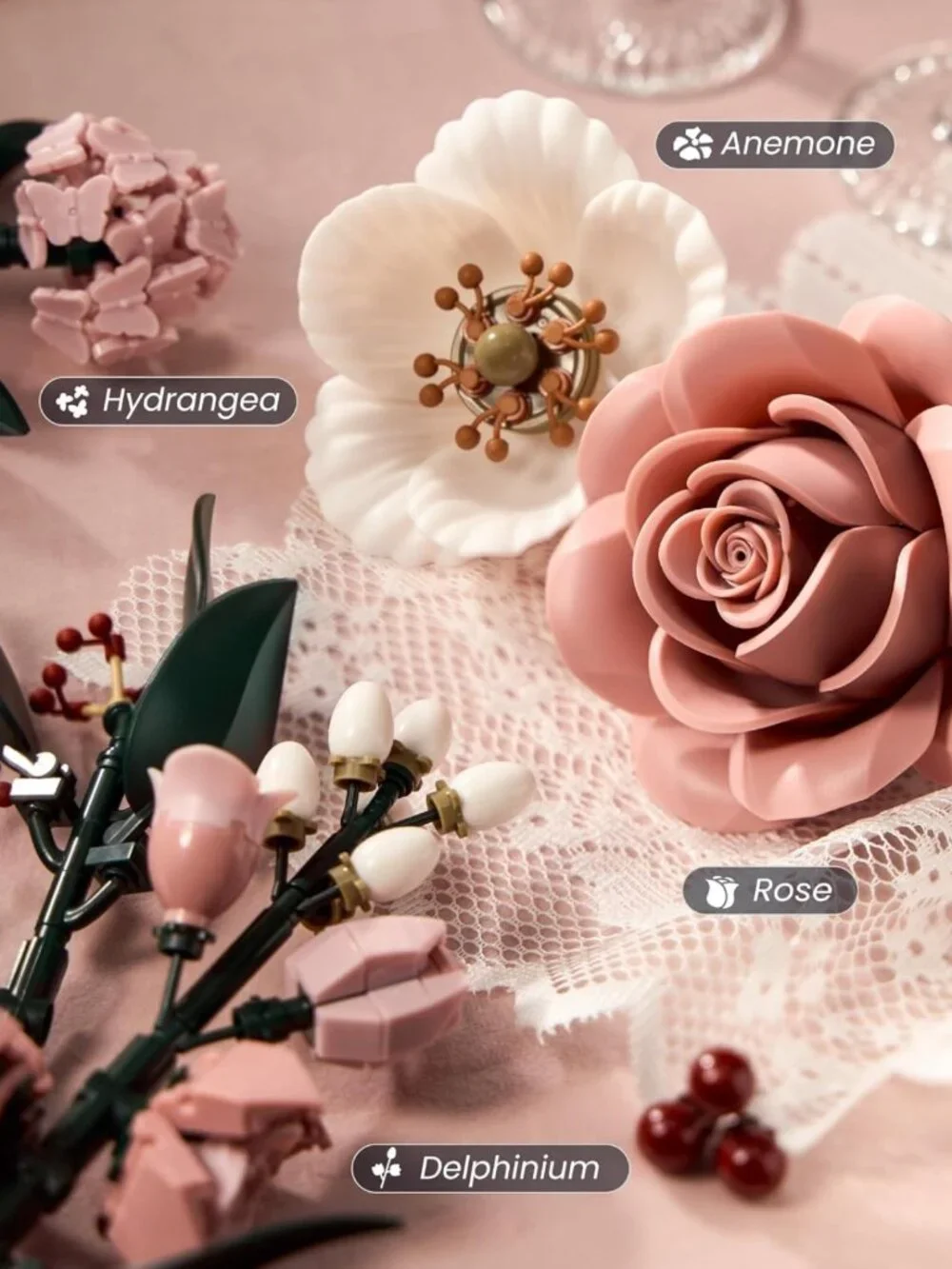 Pink Roses Flower Bouquet Building Set - Artificial Floral Decor for Home